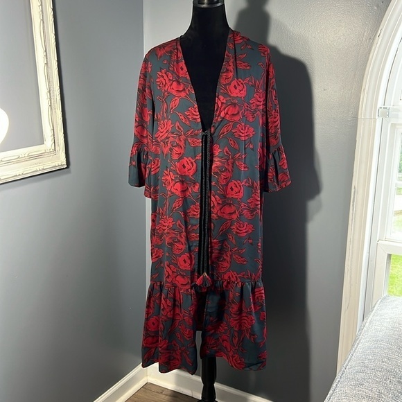 Collection XIIX Dark Floral Ruffle Kimono Duster NWT OS Boho Festival Music Fest - Picture 1 of 9